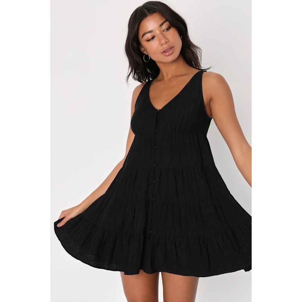 Lulus Black Textured Tiered Sleeveless Mini Dress Womens XL western chic‎
